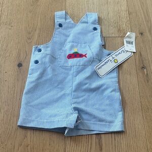 Florence eiseman Blue Striped Overalls with submarine Embroidery 18m NWT